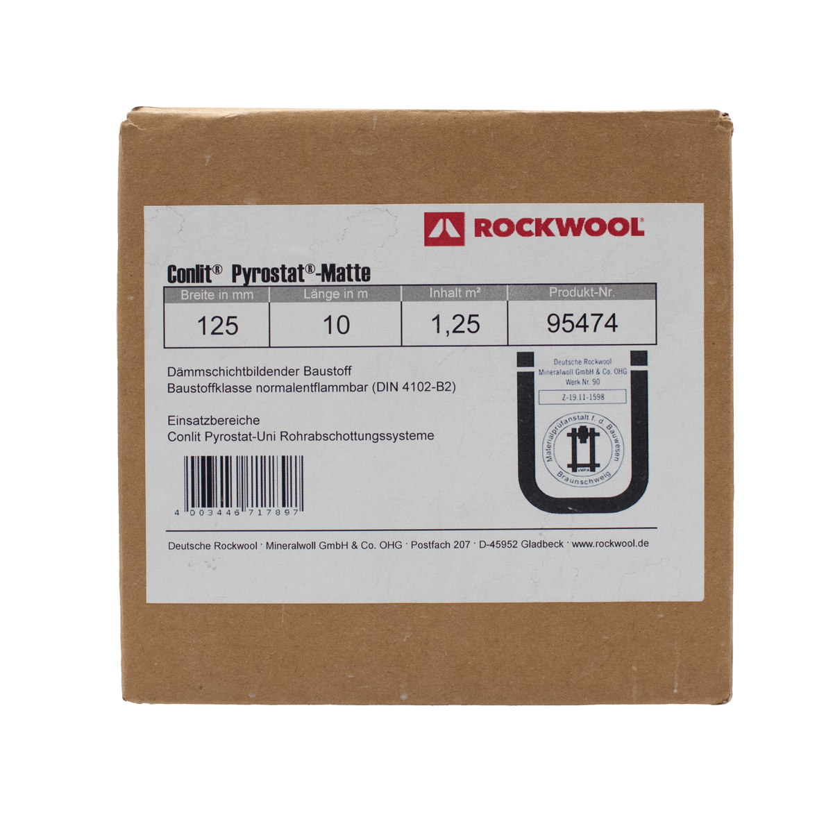 Verpackung mit Label der Rockwool Conlit Pyrostat Uni Brandschutzbandage